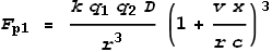 F_{\text{p1}} = \frac{k q_1 q_2 D}{r^3}\left(1+\frac{v x}{r c}\right)^3