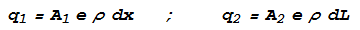 q_1 = A_1 e \rho \text{dx}\text{ ; }q_2 = A_2 e \rho \text{dL}