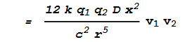 \text{\textit{$=$}}\text{\textit{$\frac{12 k q_1 q_2D x^2}{c^2 r^5}$}}v_1 v_2