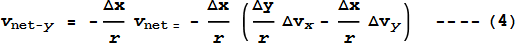 v_{\text{net}-y} = -\frac{\text{$\Delta $x}}{r}v_{\text{net} = }-\frac{\text{$\Delta $x}}{r}\left(\frac{\text{$\Delta $y}}{r}\text{$\Delta $v}_x-\frac{\text{$\Delta $x}}{r}\text{$\Delta $v}_y\right)\text{    ----}(4)